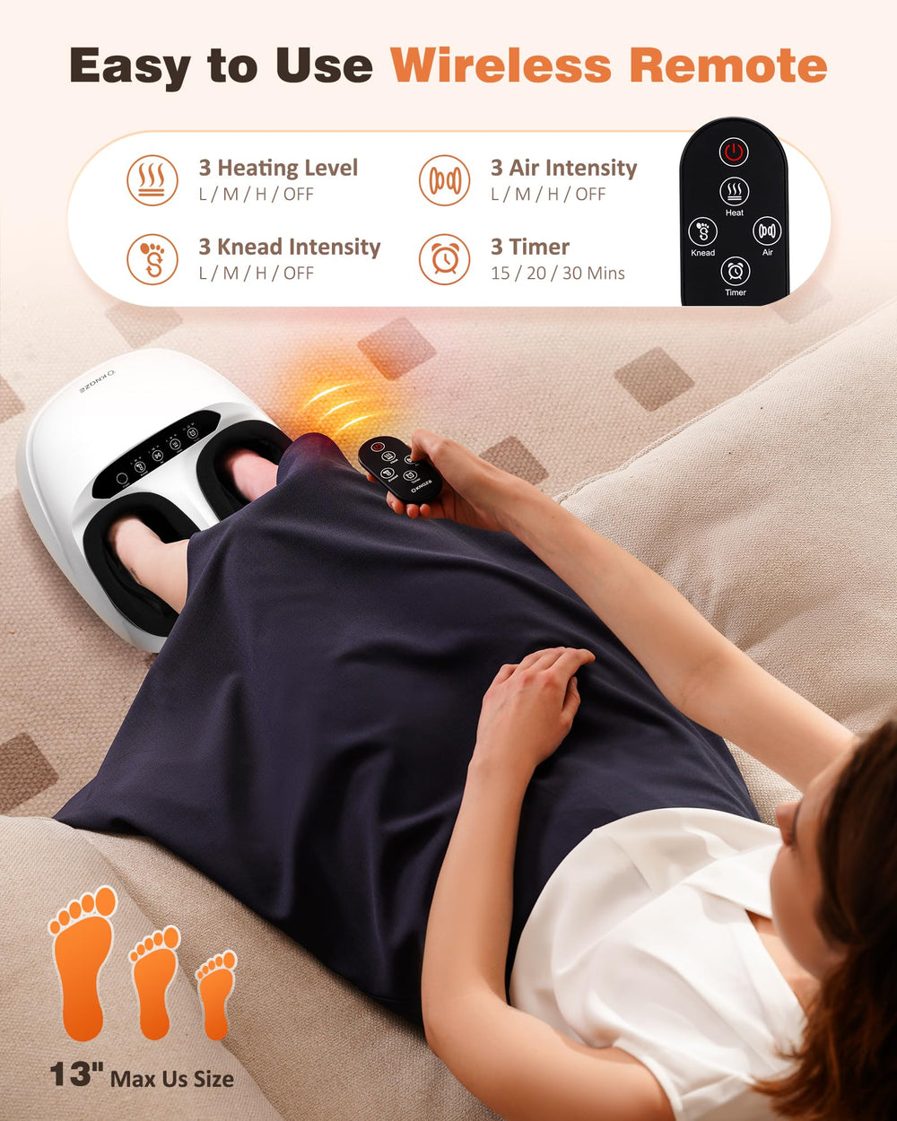 KNQZE foot massager heat levels display shows three customizable temperatures.