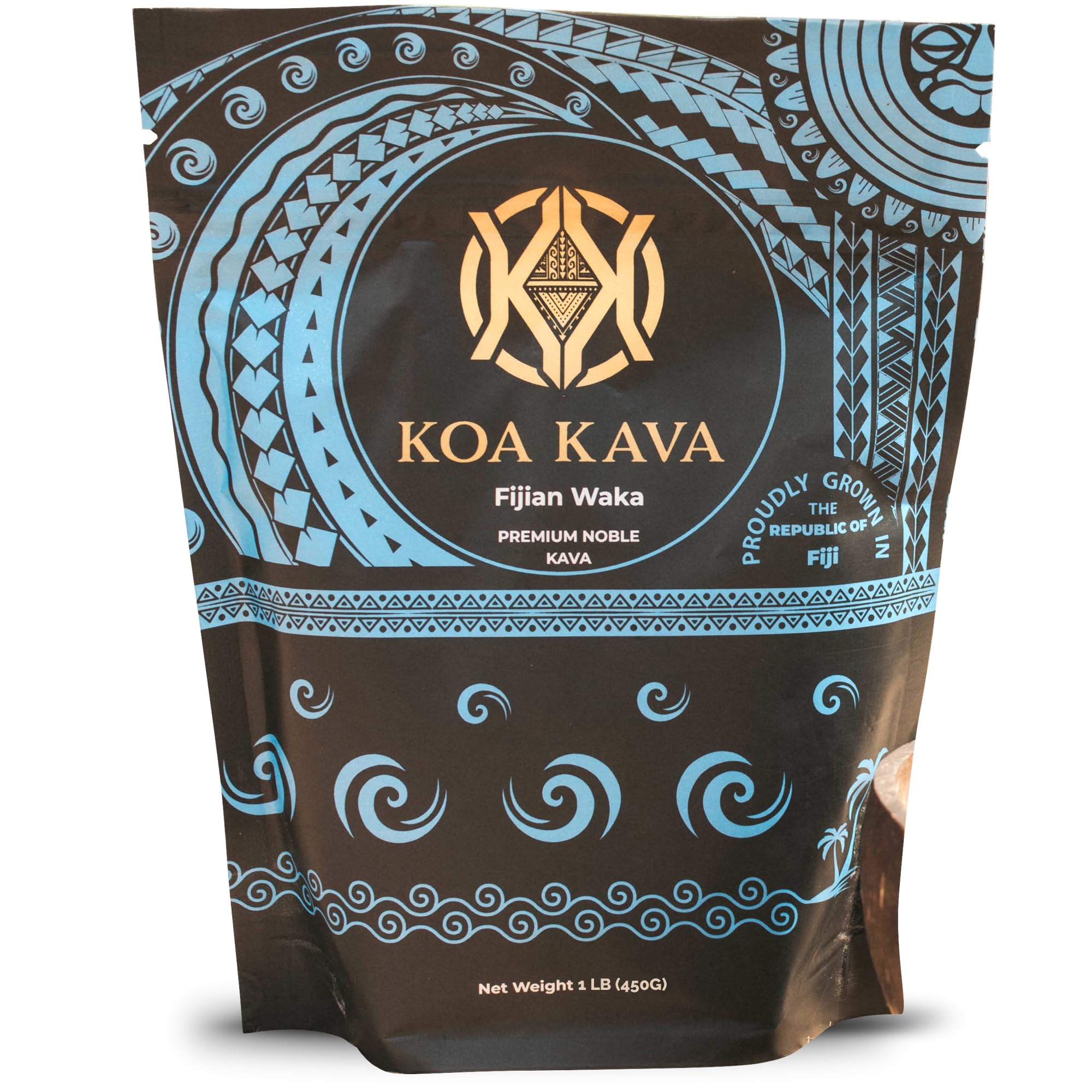 Koa Kava Fiji powder bottle shows premium Noble Waka for relaxed evenings.