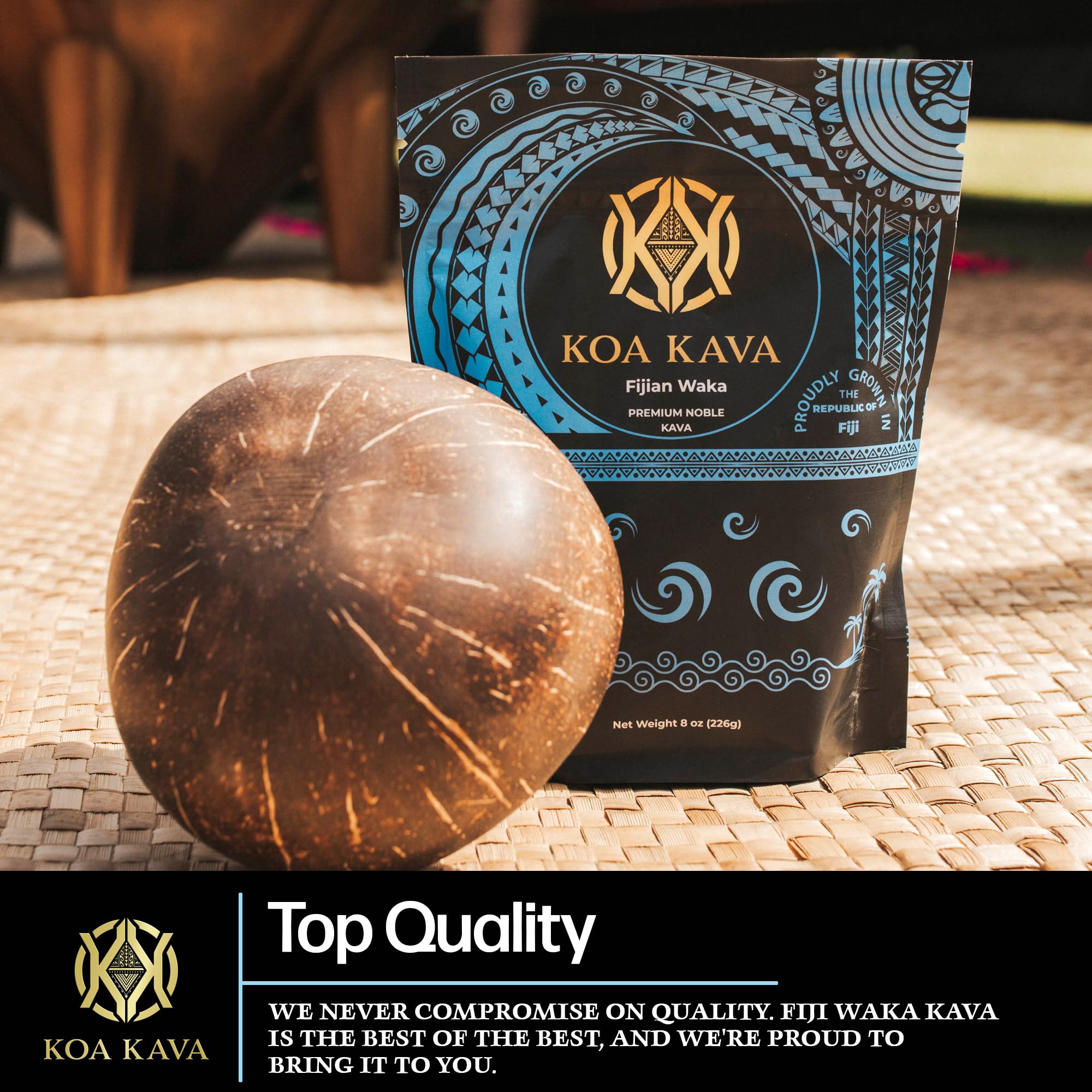 Koa Kava Fiji powder packaging macro notes farm-to-table freshness.
