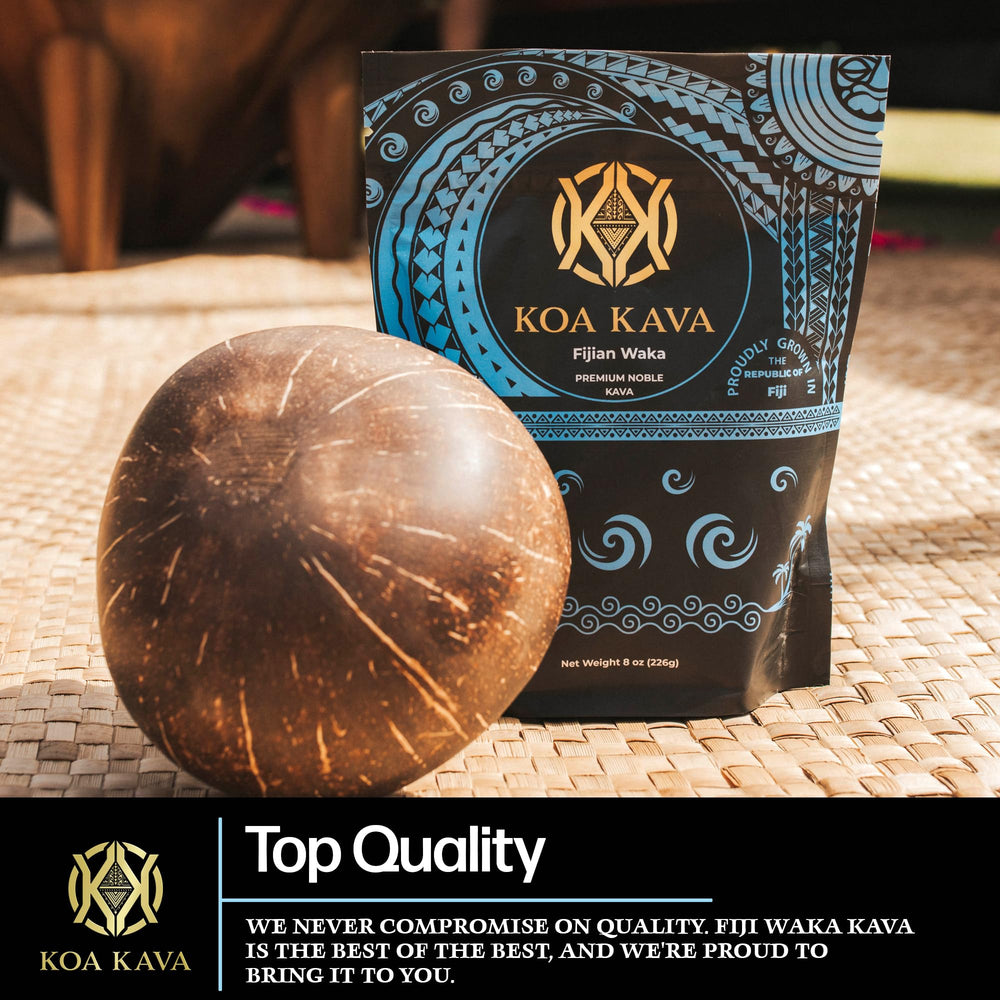 Koa Kava Fiji powder packaging macro notes farm-to-table freshness.