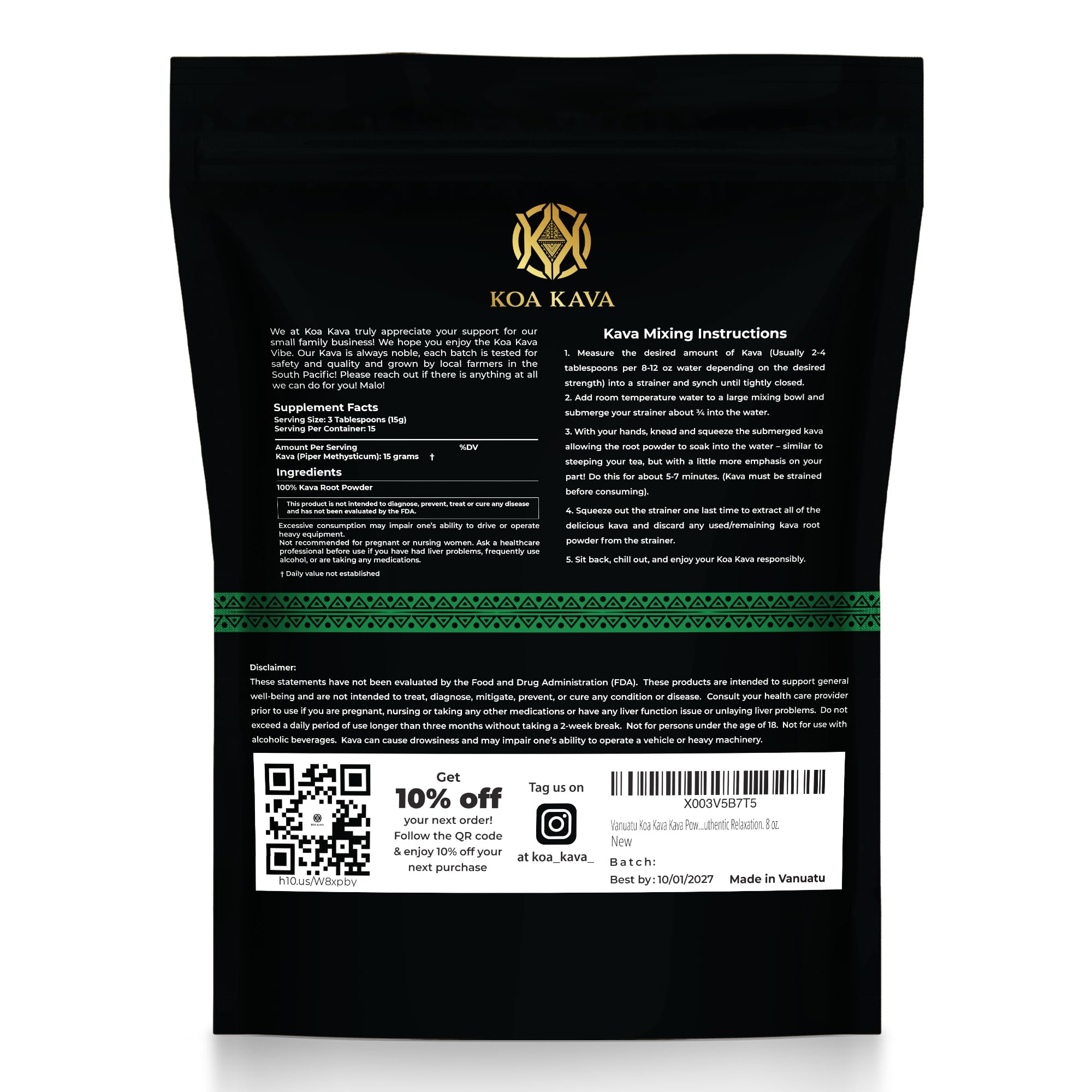 Koa Kava label close-up emphasizing natural ingredients