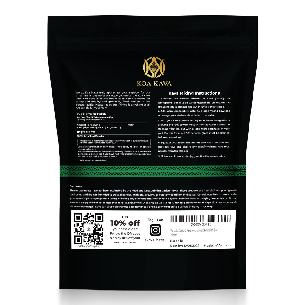 Koa Kava label close-up emphasizing natural ingredients