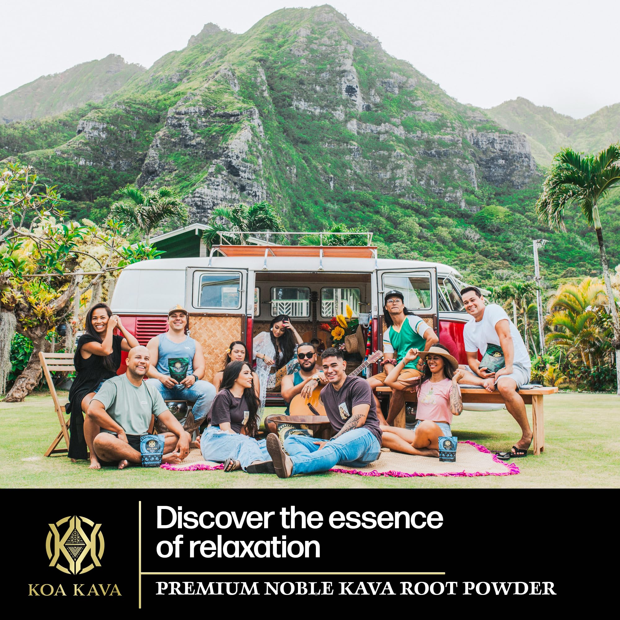Koa Kava powder jar label underlines authentic Vanuatu origin.