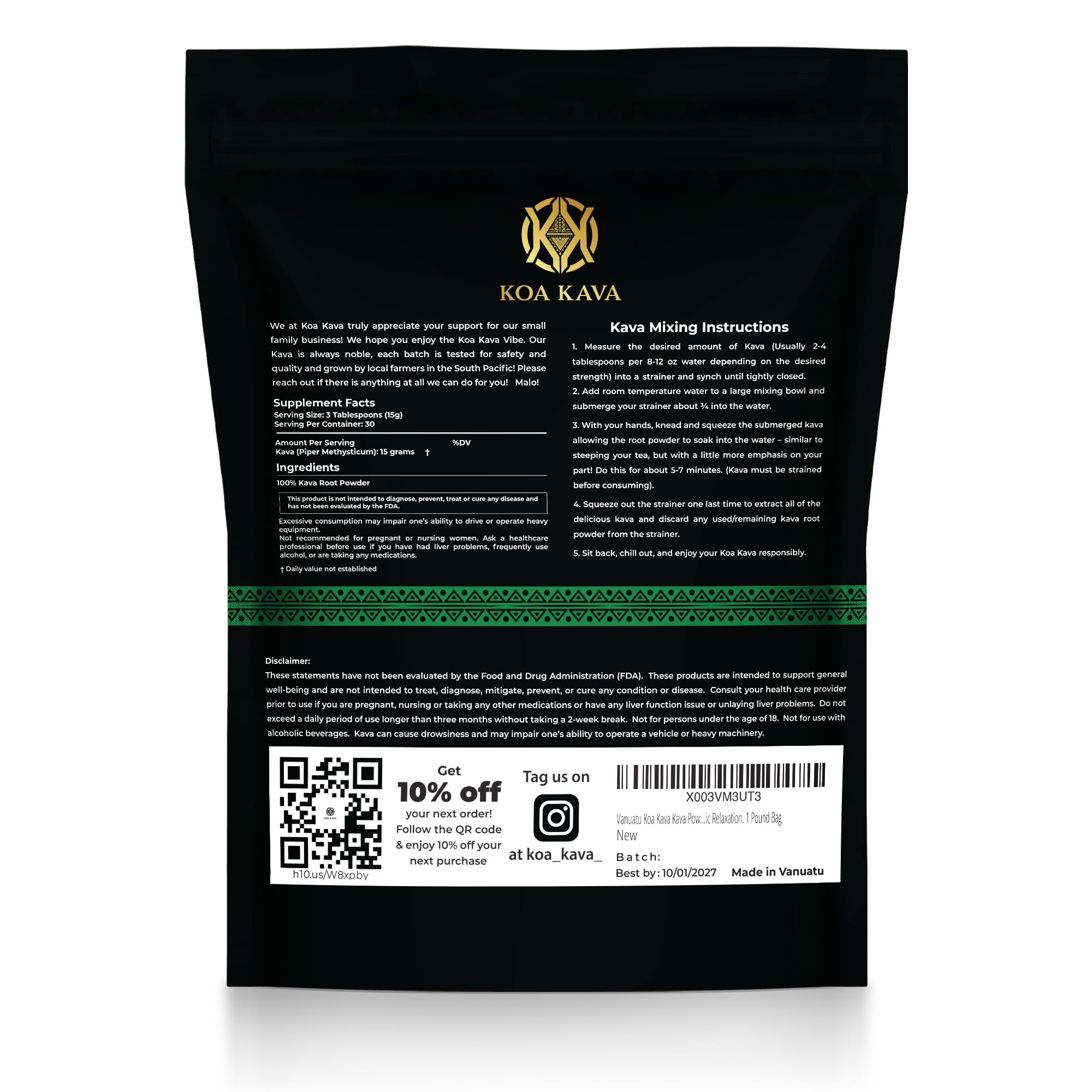 Koa Kava powder packaging highlights natural, additive-free formula.