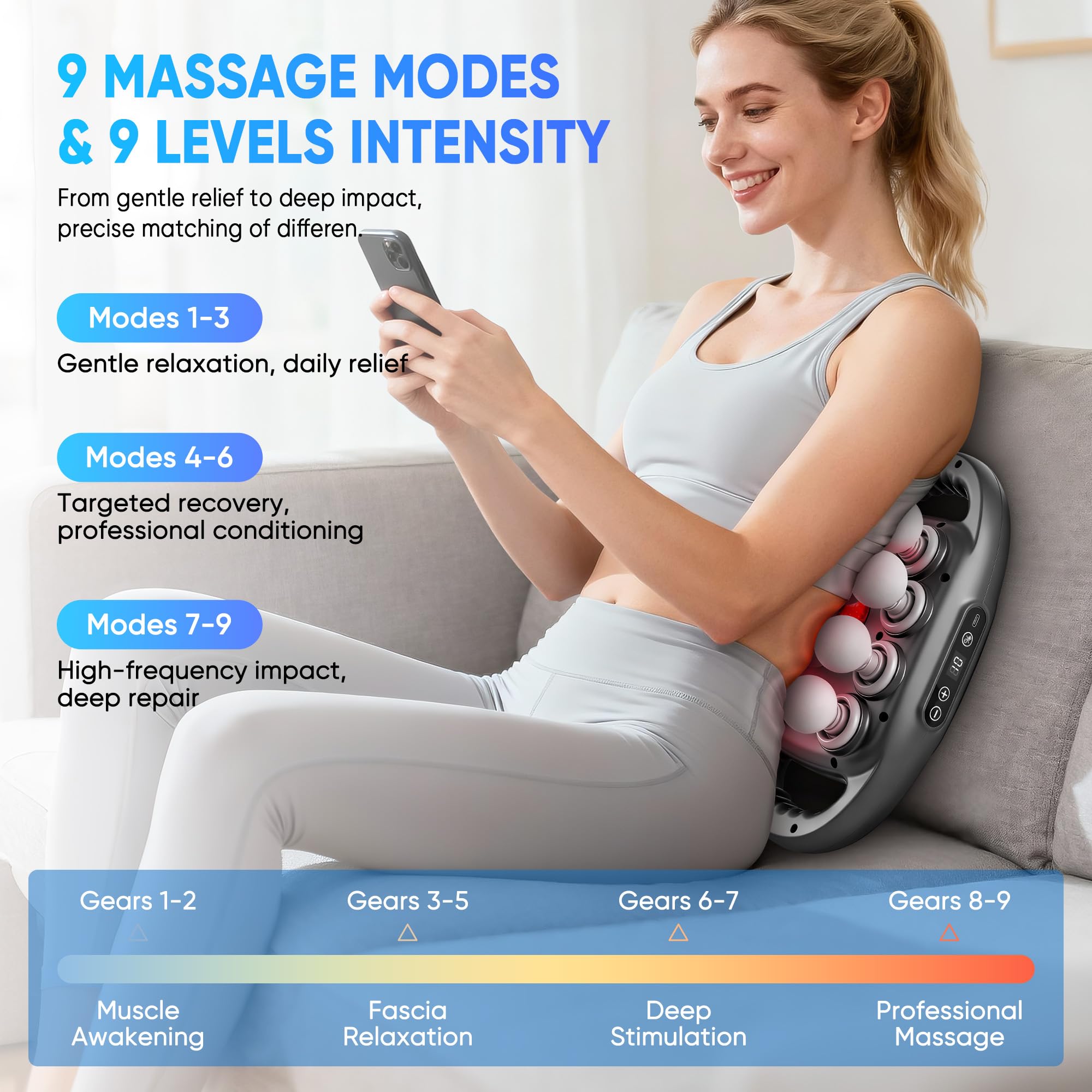 Kocuno deep tissue massage gun in action on back and shoulders.