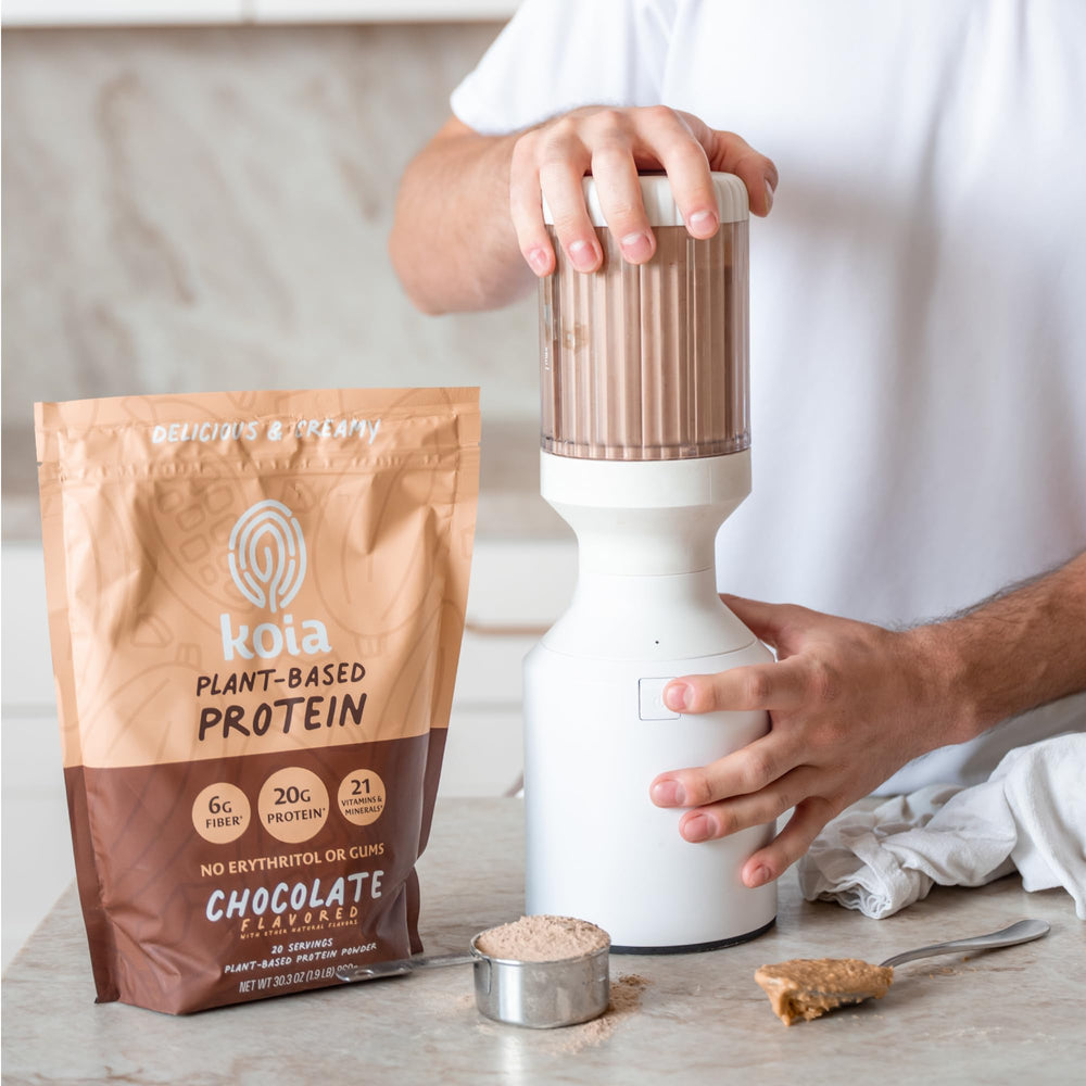 Koia chocolate protein powder packaging with brand logo communicates clean nutrition.