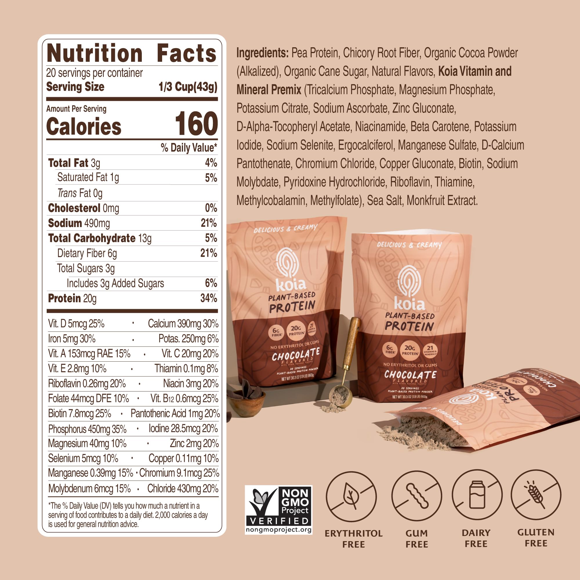 Koia scoop and measuring spoon image emphasizes simple portioning for balanced nutrition.