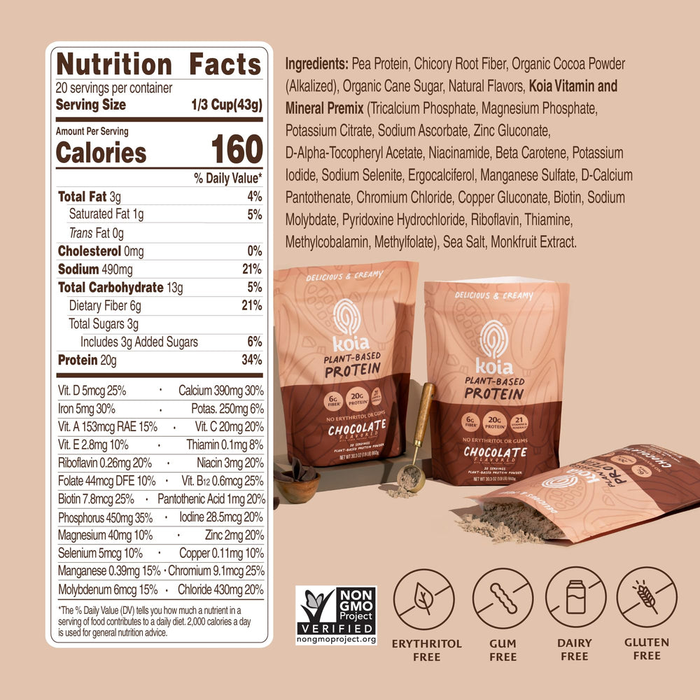 Koia scoop and measuring spoon image emphasizes simple portioning for balanced nutrition.