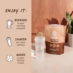 Koia chocolate protein powder tub closeup highlights gluten-free, non-GMO ingredients.