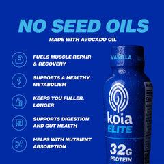 Koia Elite Vanilla label closeup highlighting avocado oil and 32 g protein