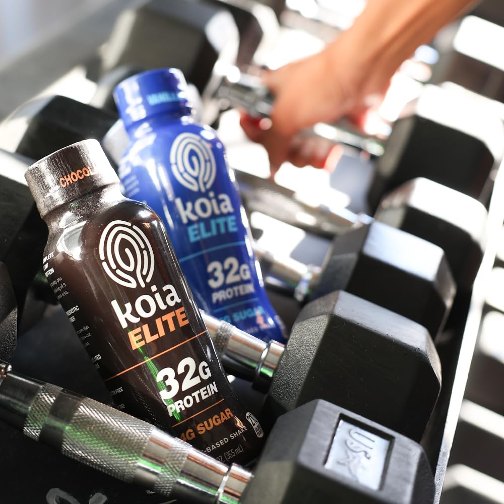 On-the-go Koia Elite Vanilla bottle tucked in a gym bag for workout fueling
