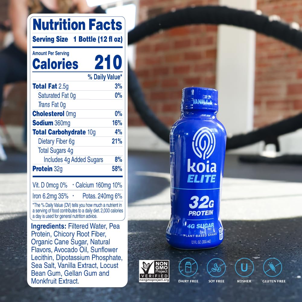 Pouring Koia Elite Vanilla shows creamy plant-based protein ideal for post-workout fuel