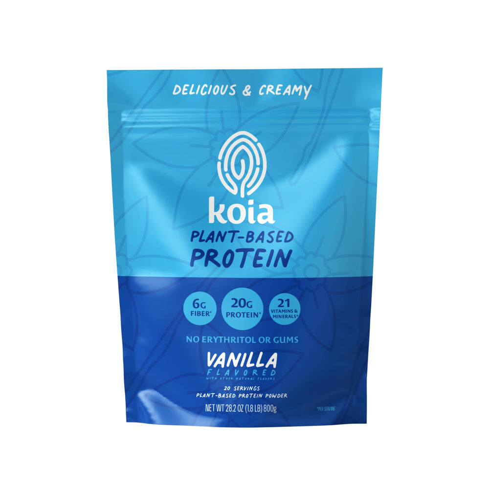 Koia Vanilla plant-based protein powder tub for post-workout shakes.
