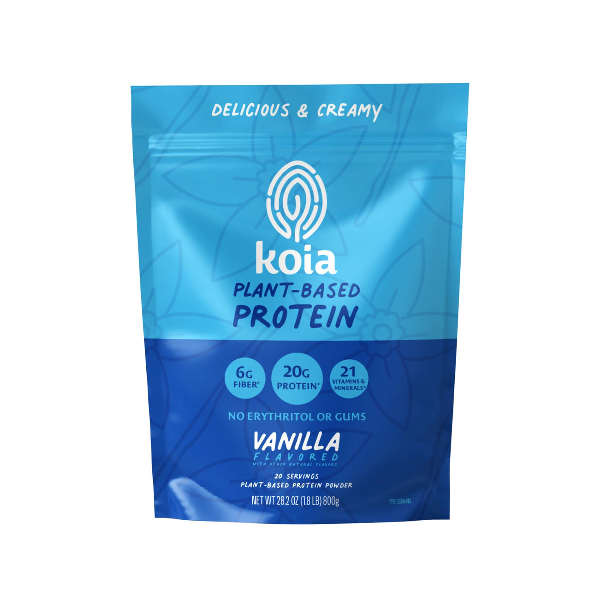 Koia Vanilla plant-based protein powder tub for post-workout shakes.