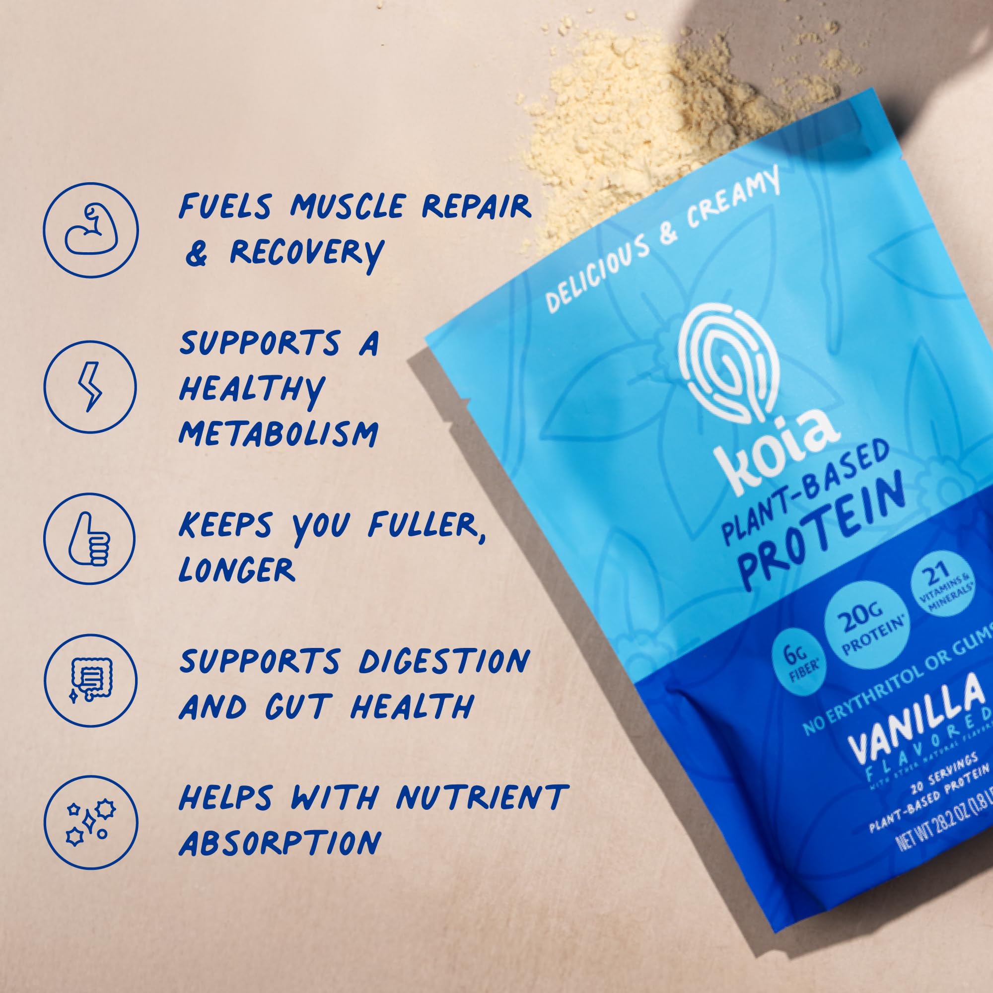 Koia vanilla protein powder blended into smoothie for healthy fuel.