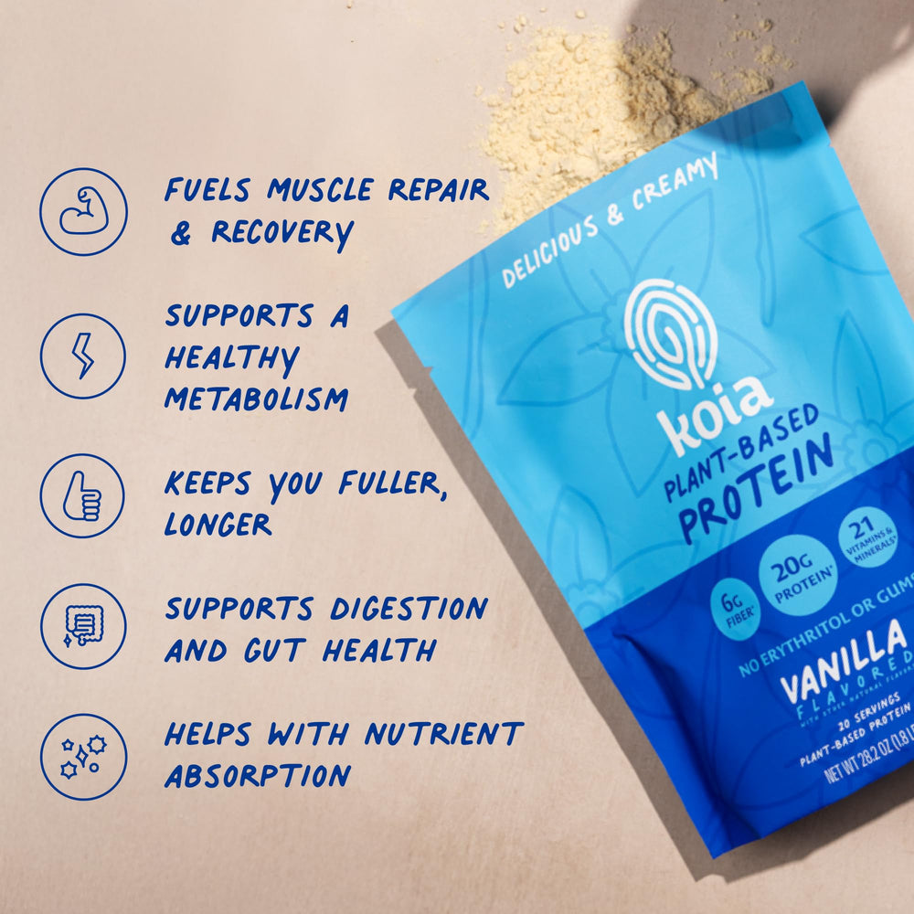 Koia vanilla protein powder blended into smoothie for healthy fuel.