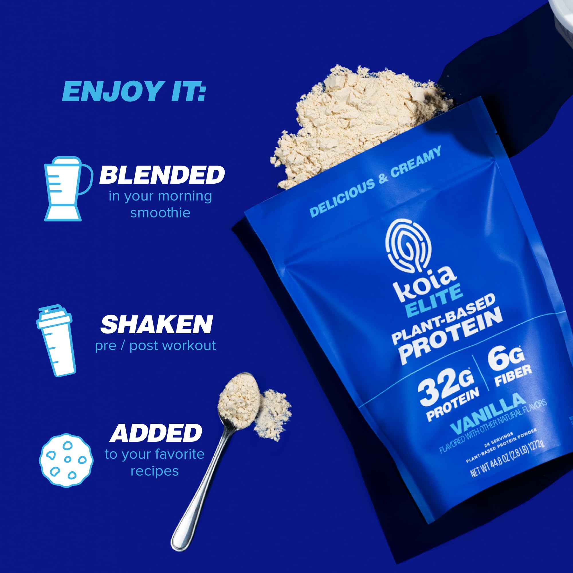 Koia Vanilla protein powder packaging bag with nutrition label