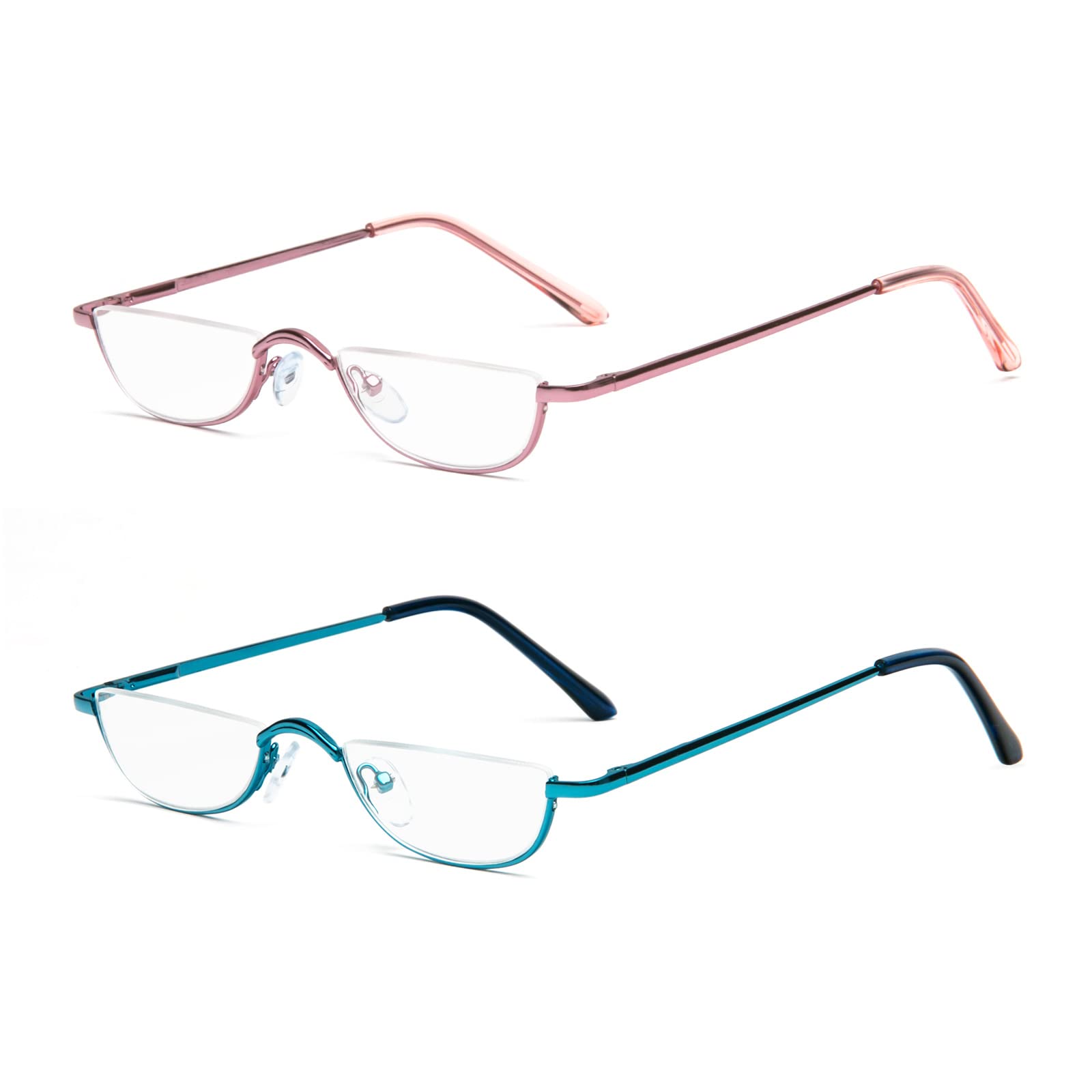 KoKoBin half-reading glasses with blue-pink frames for easy reading and situational awareness.