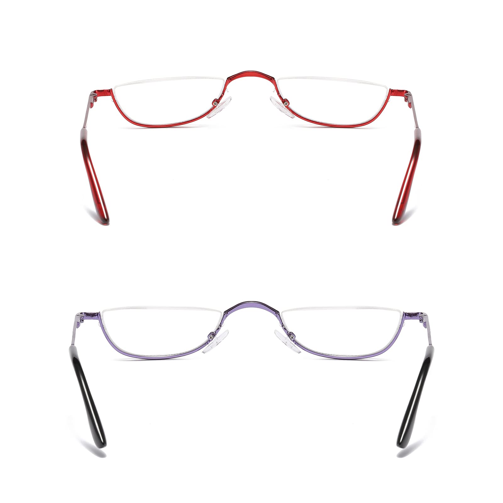 KoKoBin half-reading-glasses red-purple side view with spring hinges for secure fit.