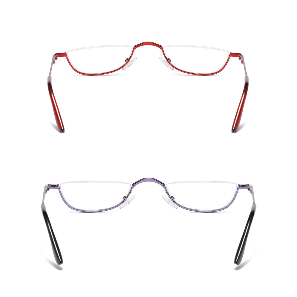 KoKoBin half-reading-glasses red-purple side view with spring hinges for secure fit.