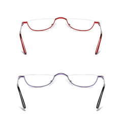 KoKoBin half-reading-glasses red-purple side view with spring hinges for secure fit.