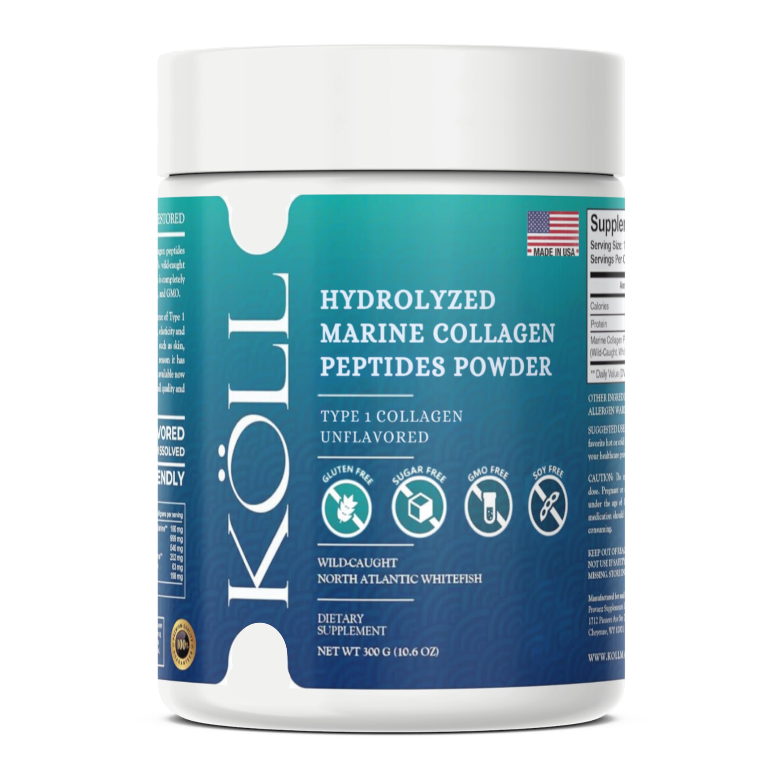 KÖLL Marine Collagen Peptides powder bottle closeup, ideal for daily beauty support.