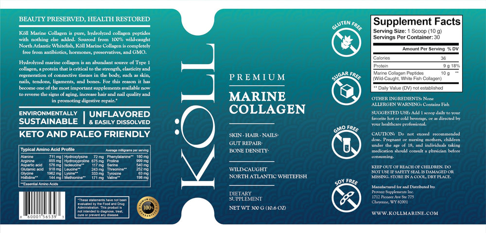 KÖLL Marine Collagen Peptides bottle on kitchen counter, everyday wellness ritual potential.