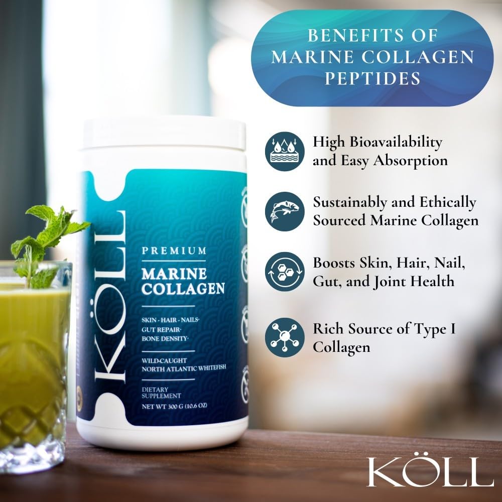 KÖLL Marine Collagen Peptides powder dissolving in water, flavorless and convenient.
