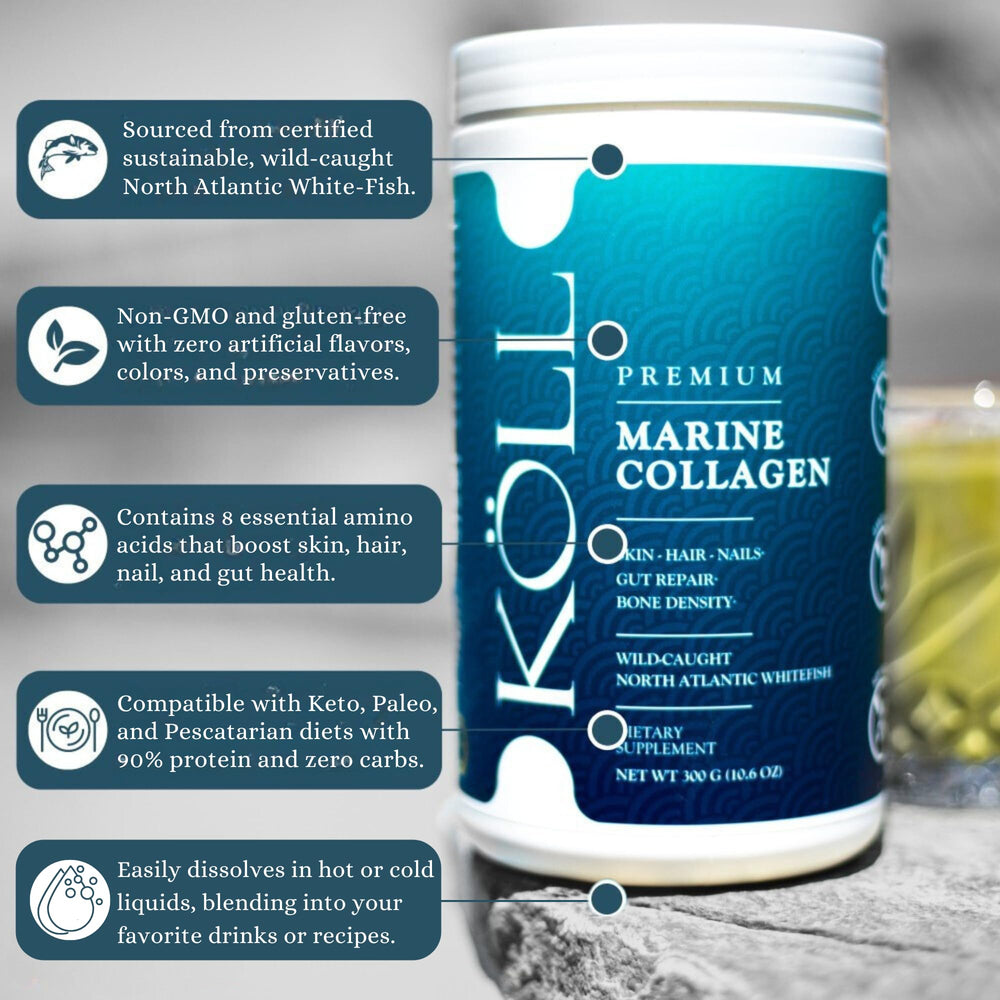 KÖLL Marine Collagen Peptides powder paleo and keto friendly, suitable for various diets.
