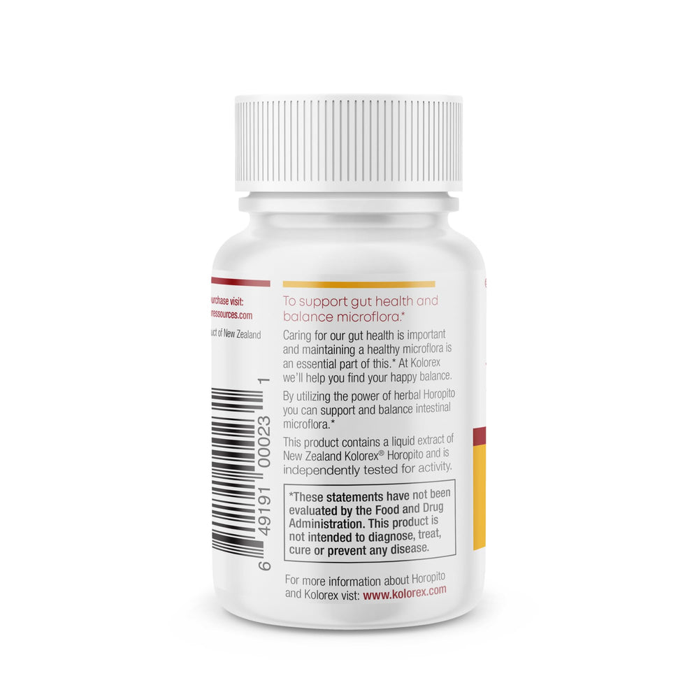 Kolorex Softgels Horopito extract label close-up highlighting standardized ingredient for natural yeast balance.