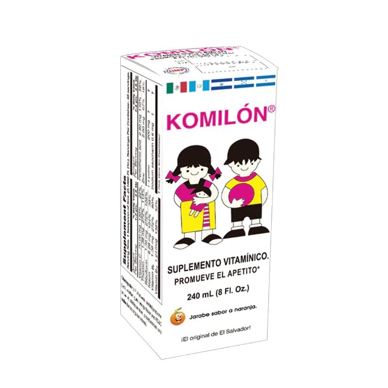 Komilón orange-flavored syrup bottle; potential appetite support for families.