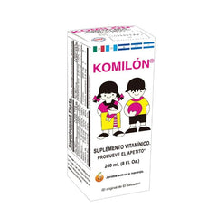 Komilón orange-flavored syrup bottle; potential appetite support for families.