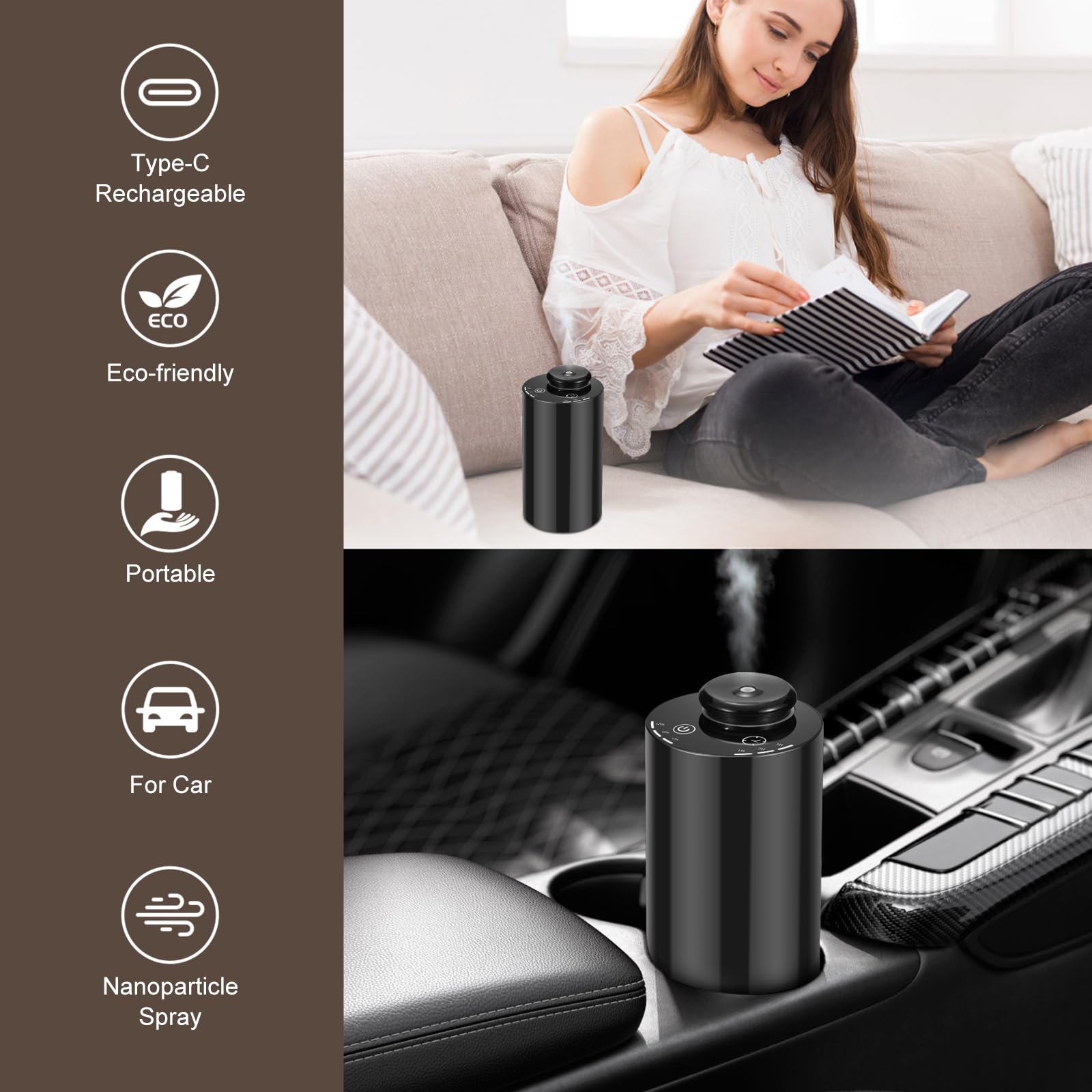 KONCHILE battery-powered diffuser, USB-C charging for wireless use.