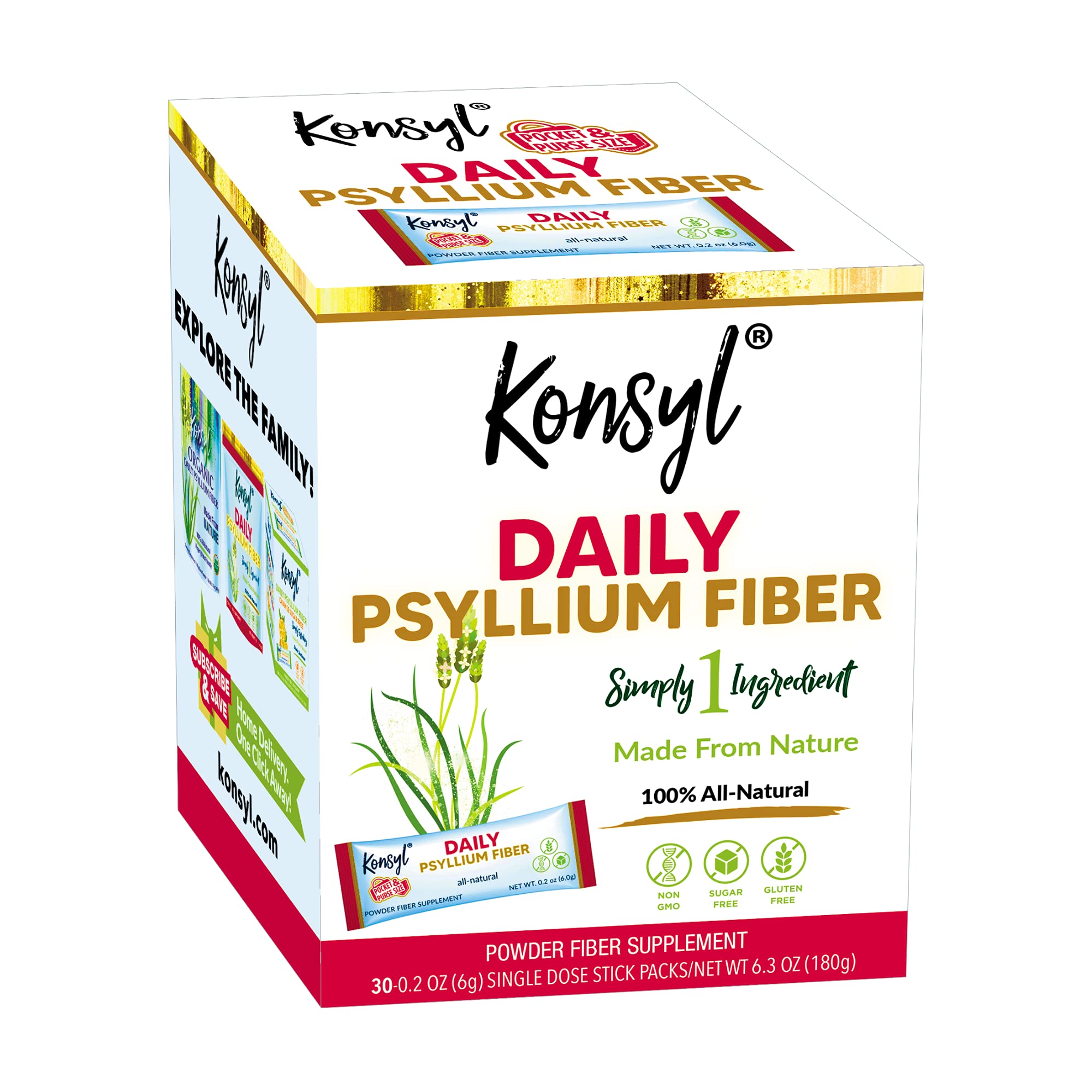 Konsyl Daily Psyllium Fiber Powder stick pack front, portable fiber boost for on-the-go routines.