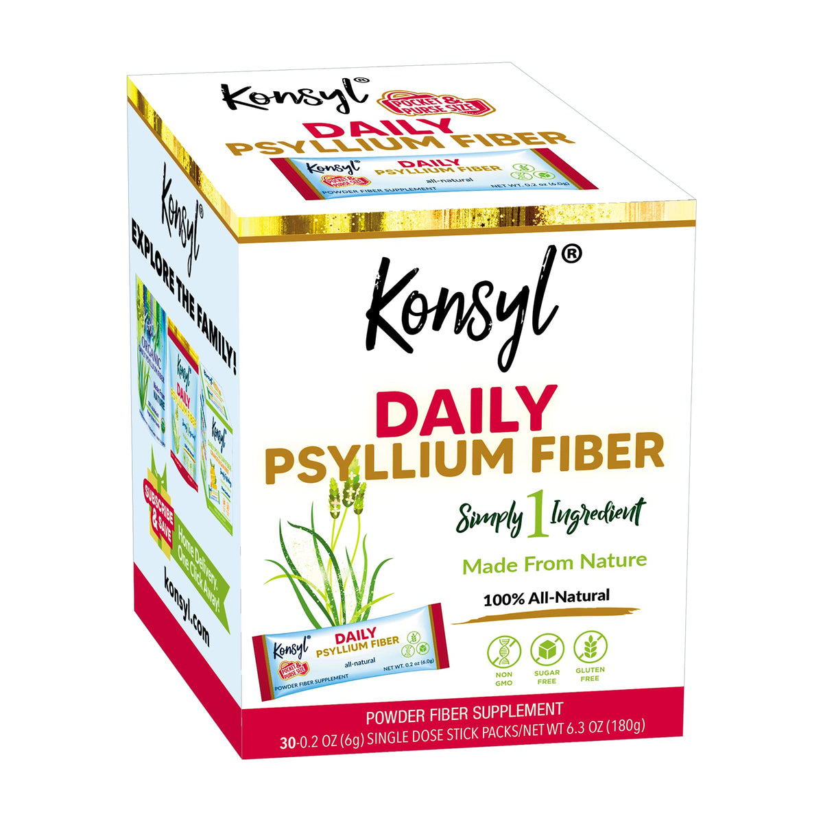 Konsyl Daily Psyllium Fiber Powder stick pack front, portable fiber boost for on-the-go routines.