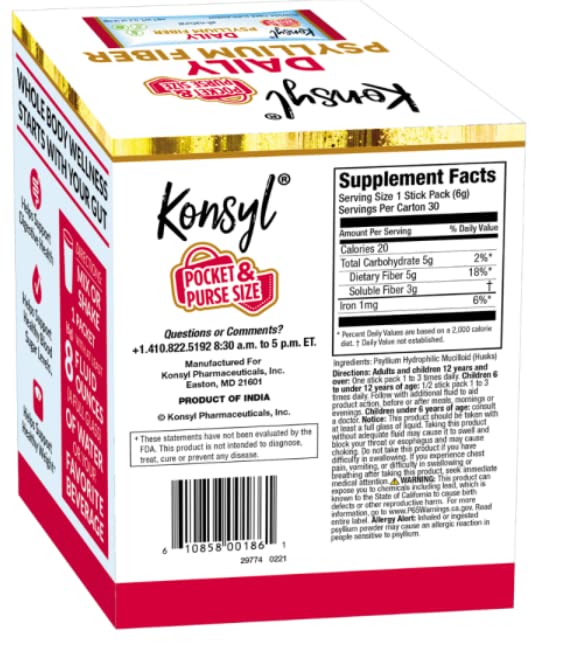 Konsyl Daily Psyllium Fiber Powder stick pack in hand for convenient daily fiber on the go.