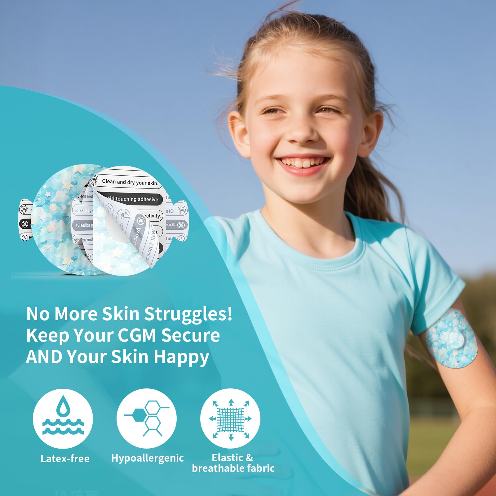 Kooloba Dexcom G7 patch on skin during activity shows secure fit.
