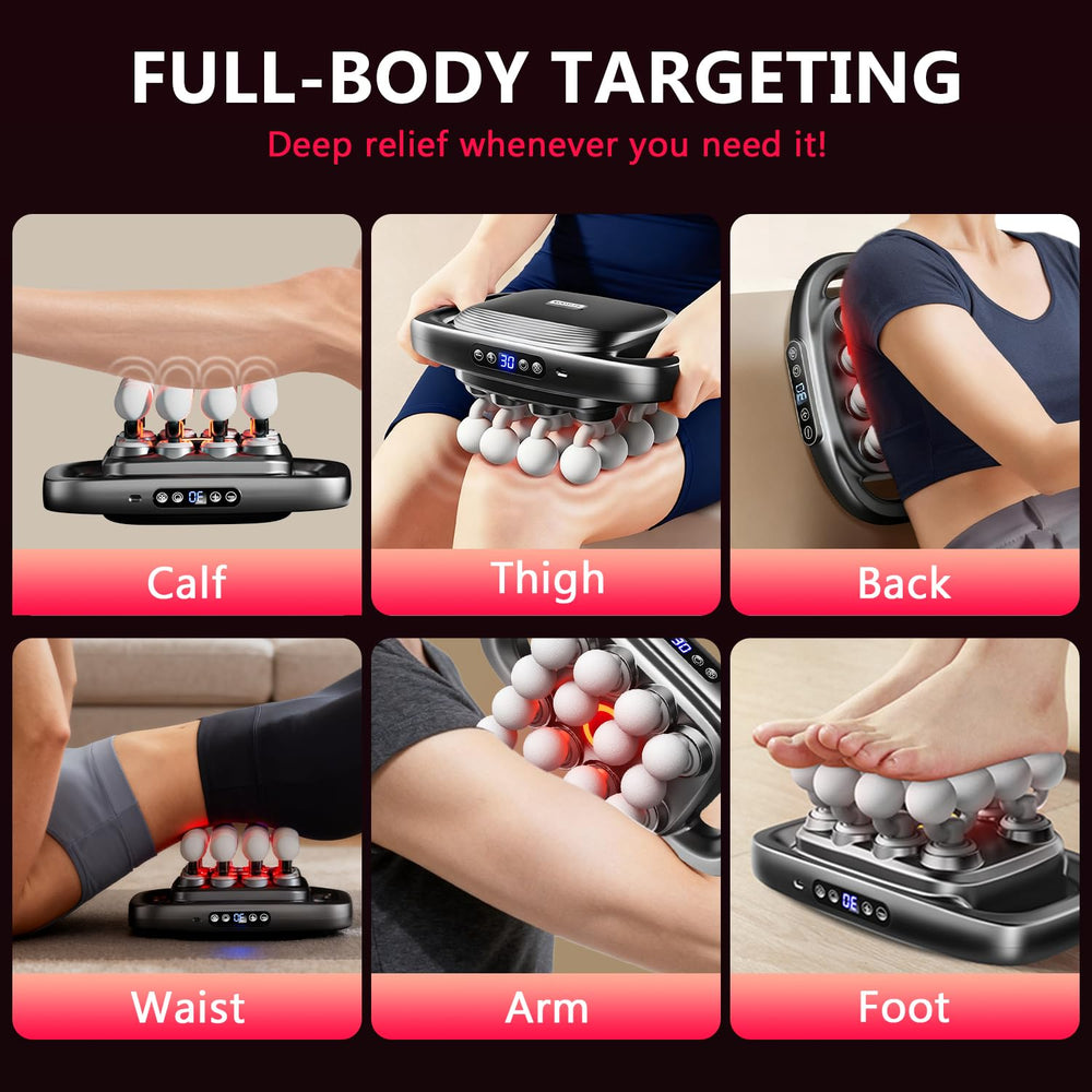 KOOTLEE 16-head massage gun in use on back showing deep tissue reach