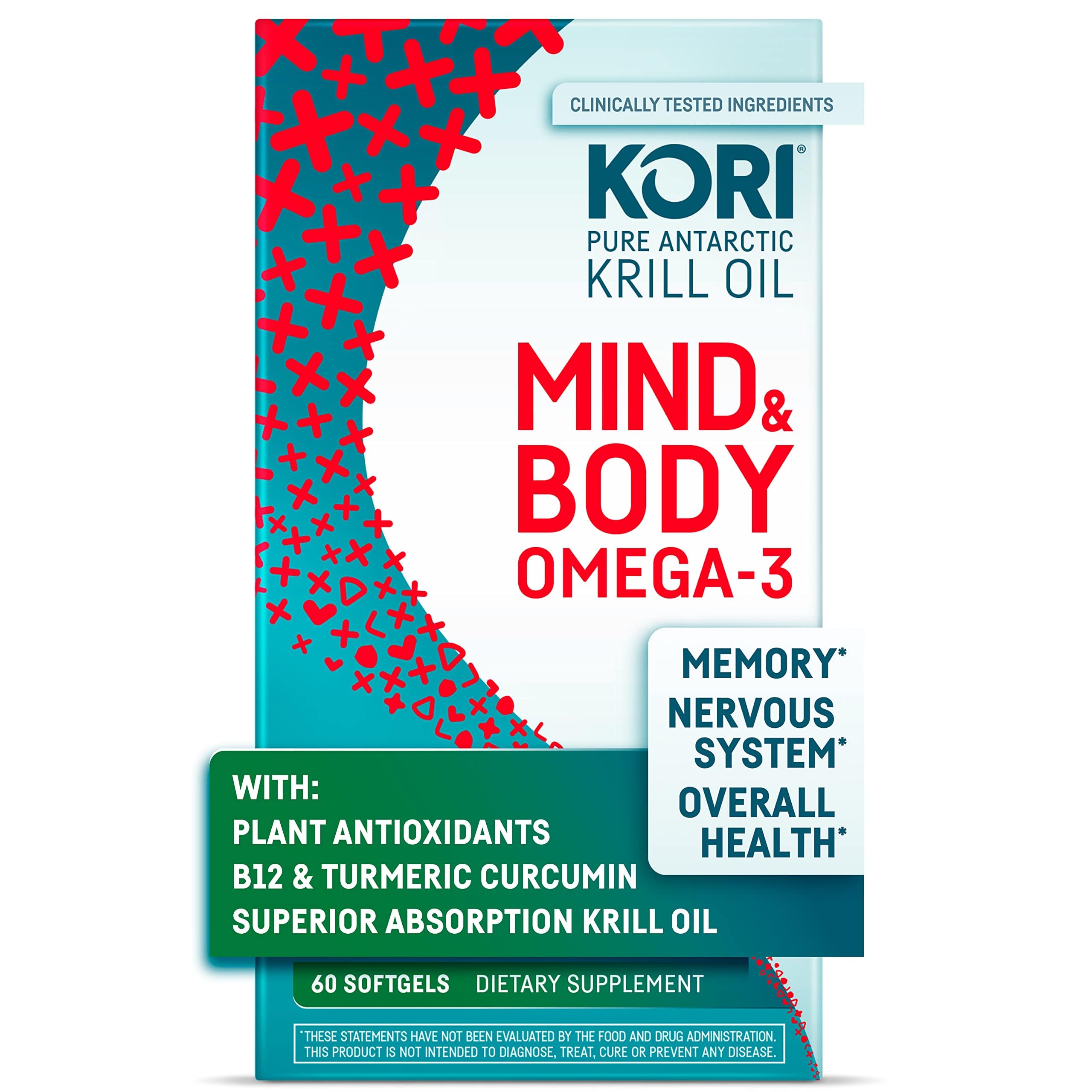 Kori Krill Mind bottle shows omega-3 softgels supporting focus and clarity.