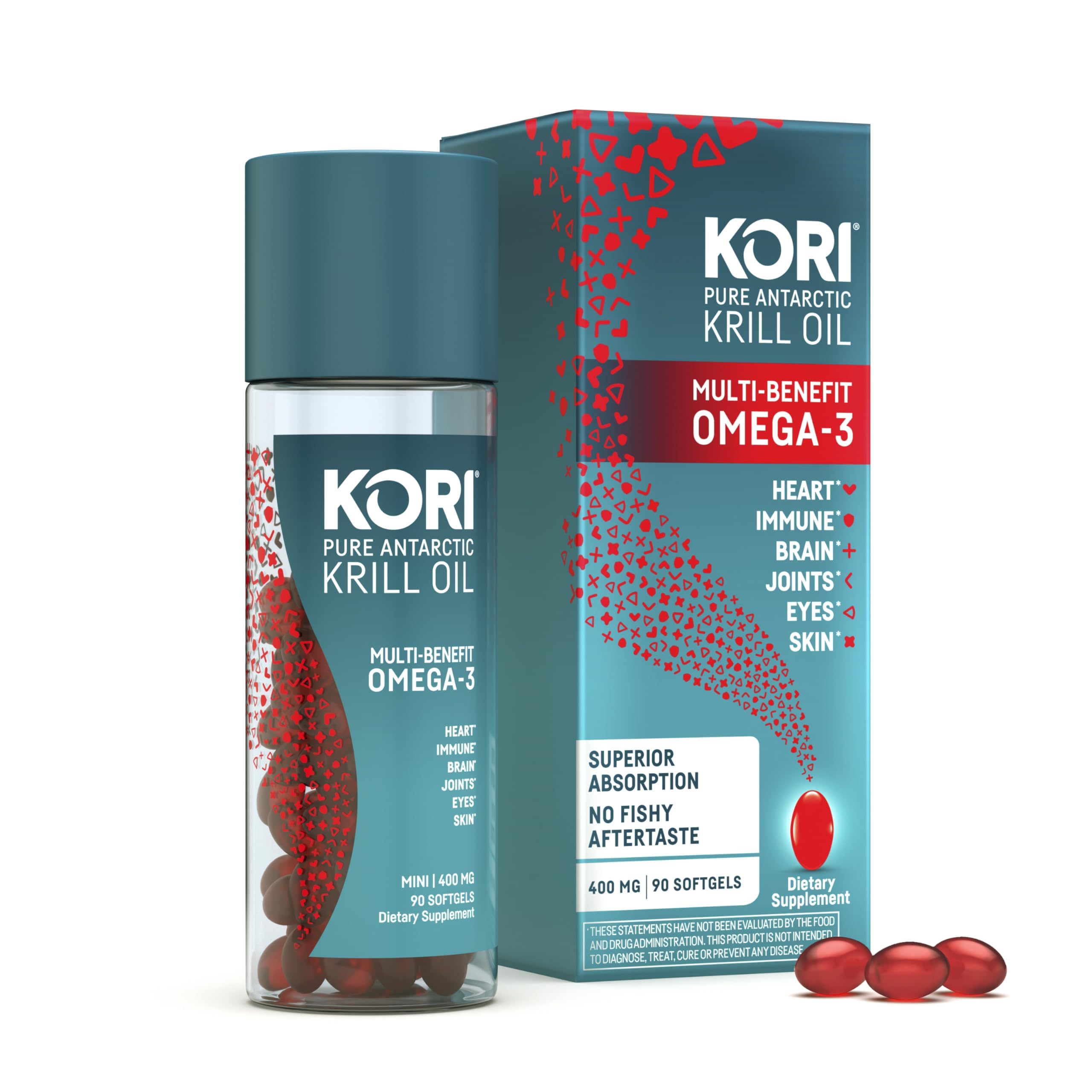Kori Krill Oil bottle front displaying 400 mg softgels for daily omega-3 intake.
