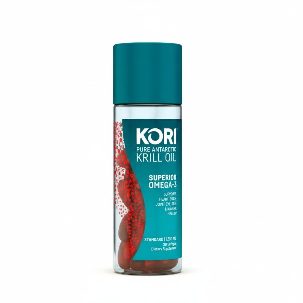 Kori Krill Oil softgels bottle for convenient daily omega-3 support.