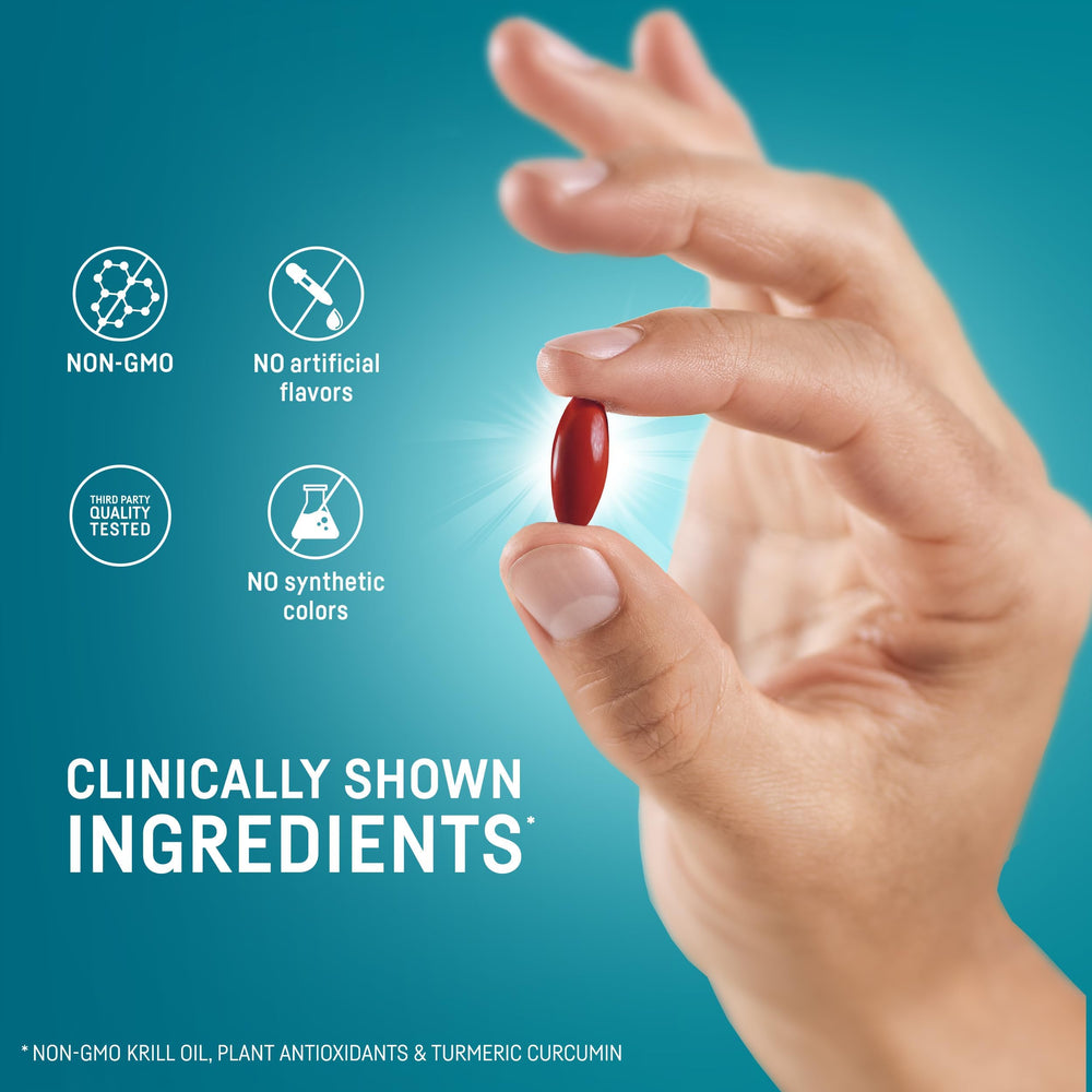 Kori Krill omega-3 capsules emphasize heart, eye, and brain wellness.
