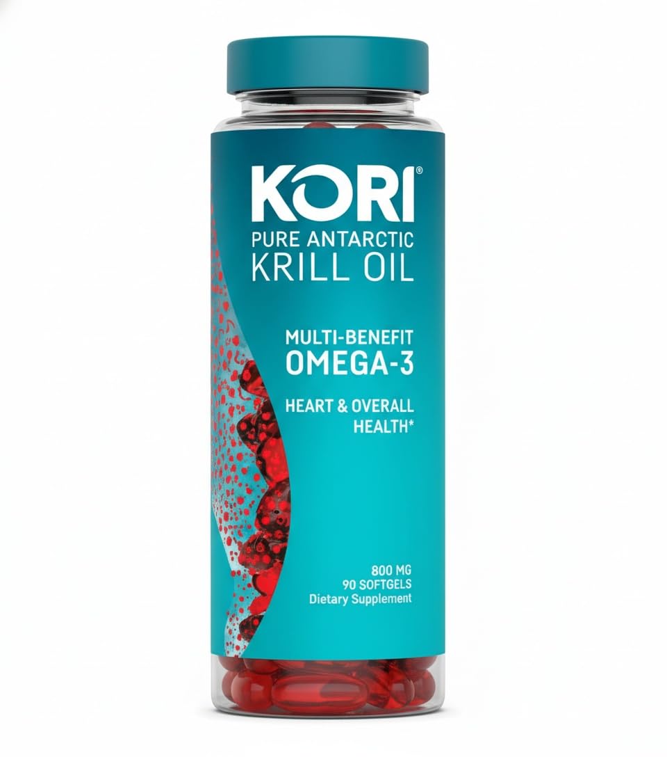 Kori Krill Omega-3 Excel bottle showcasing high absorption and omega-3 concentrate.