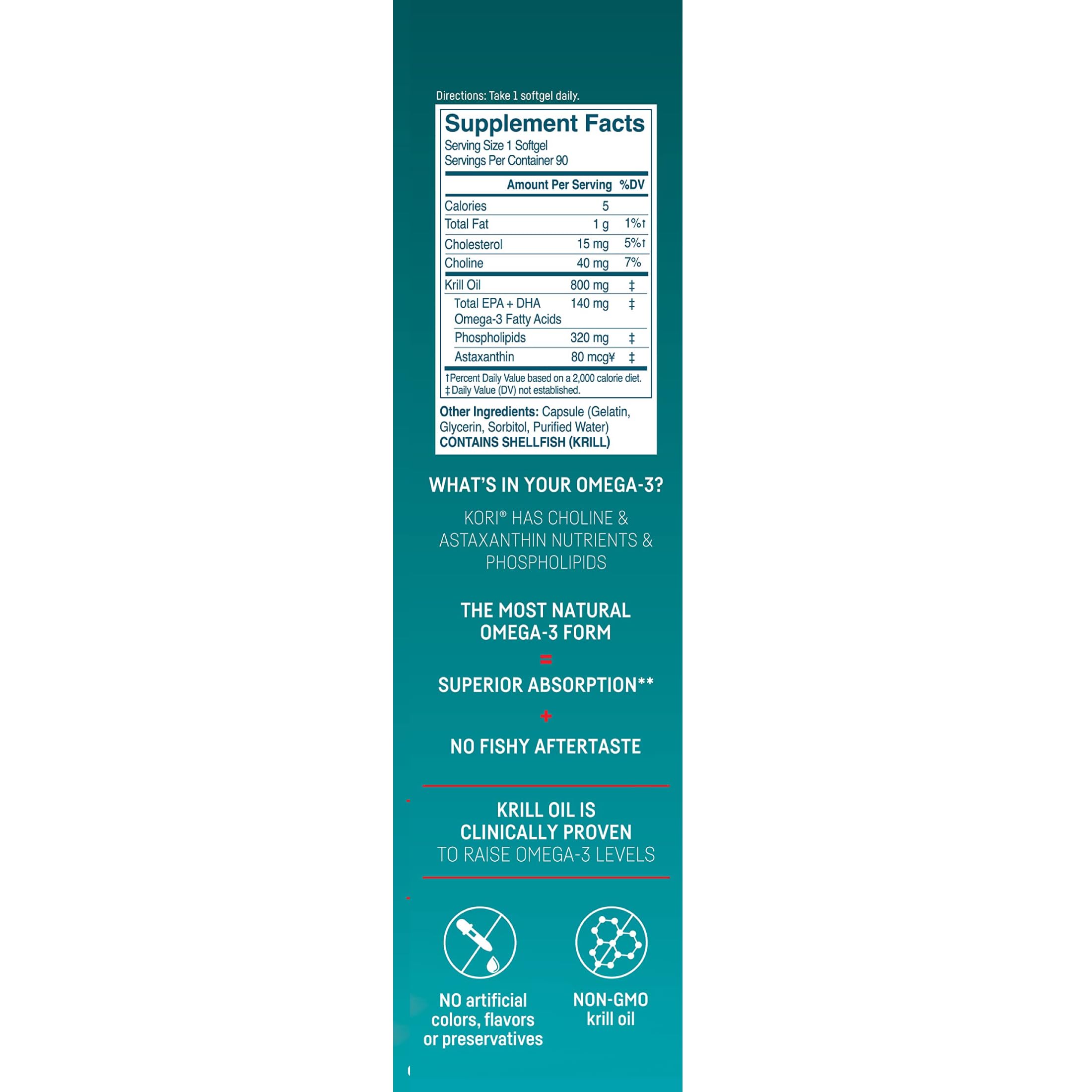 Kori Krill softgels close-up, highlighting easy-to-swallow capsules and purity.