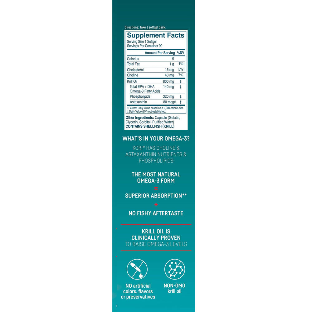 Kori Krill softgels close-up, highlighting easy-to-swallow capsules and purity.
