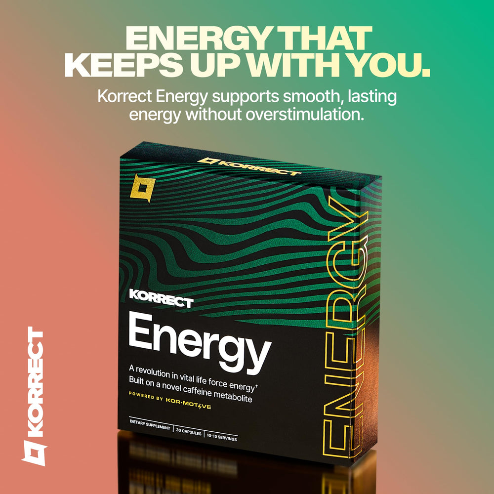 KORRECT LIFE Korrect Clean Energy bottle pour suggesting long-lasting energy.