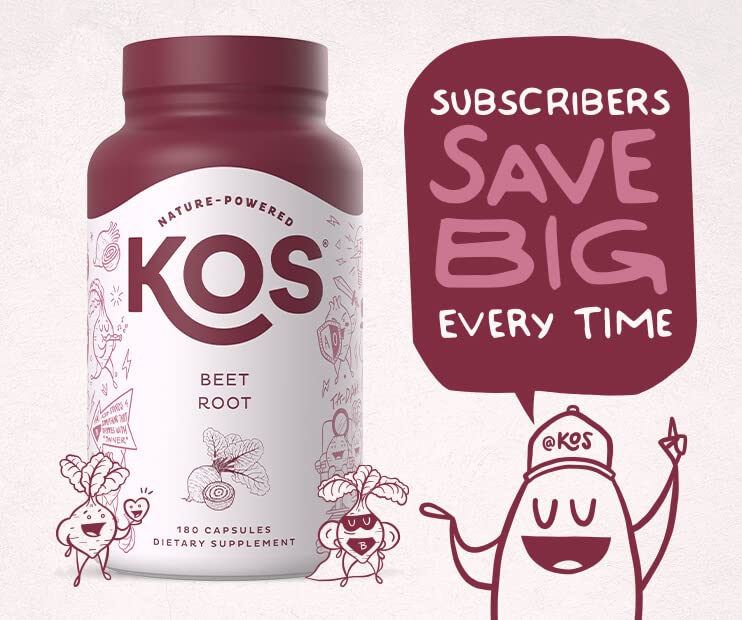 KOS Beetroot Capsules closeup emphasizing dosage and capsule form for flavorless daily use.