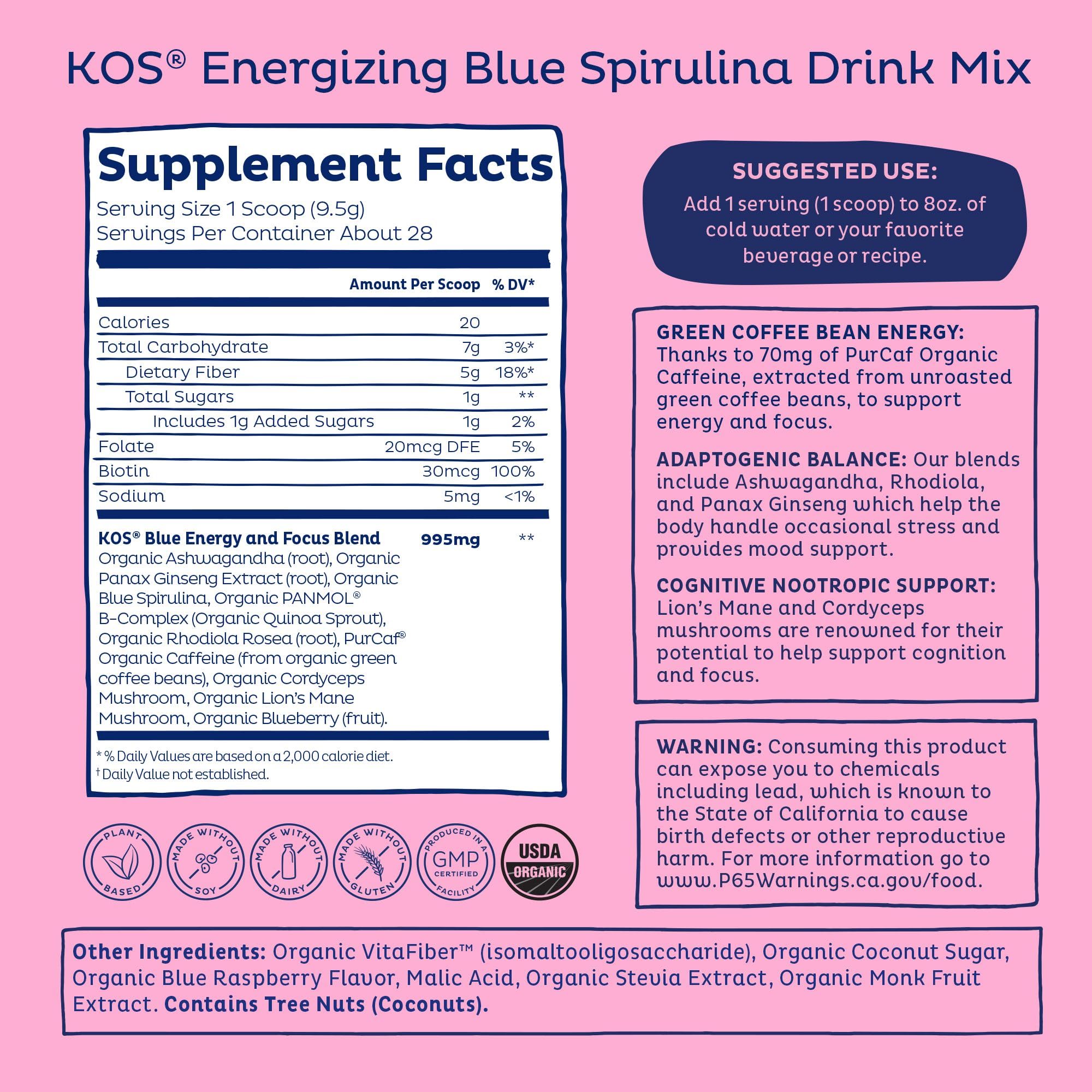 KOS blue energy powder mixed in glass offers bright color and taste.