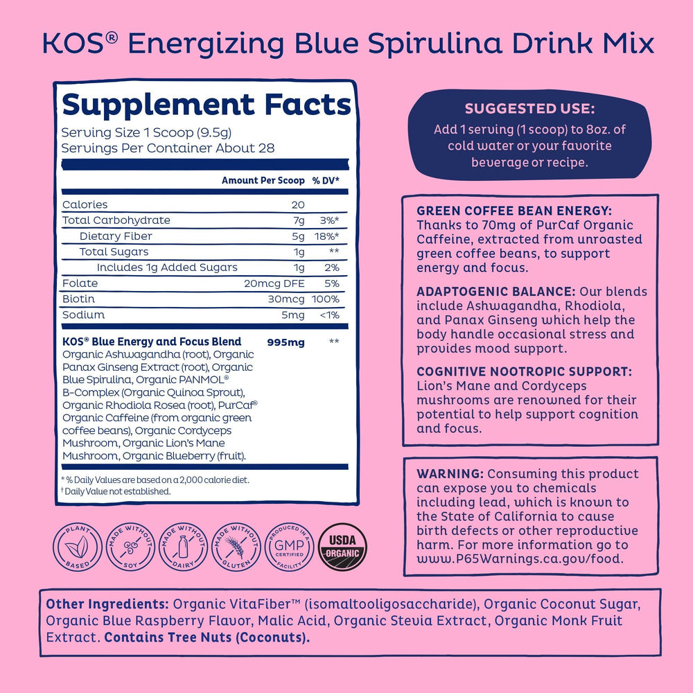 KOS blue energy powder mixed in glass offers bright color and taste.