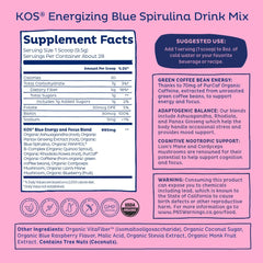 KOS blue energy powder mixed in glass offers bright color and taste.